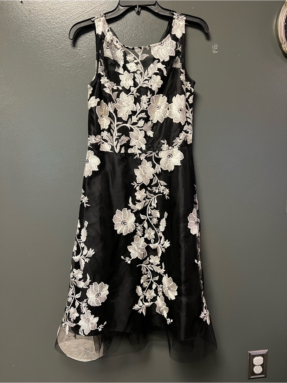 Studio One Black Midi Dress with White Floral Lace Appliqué